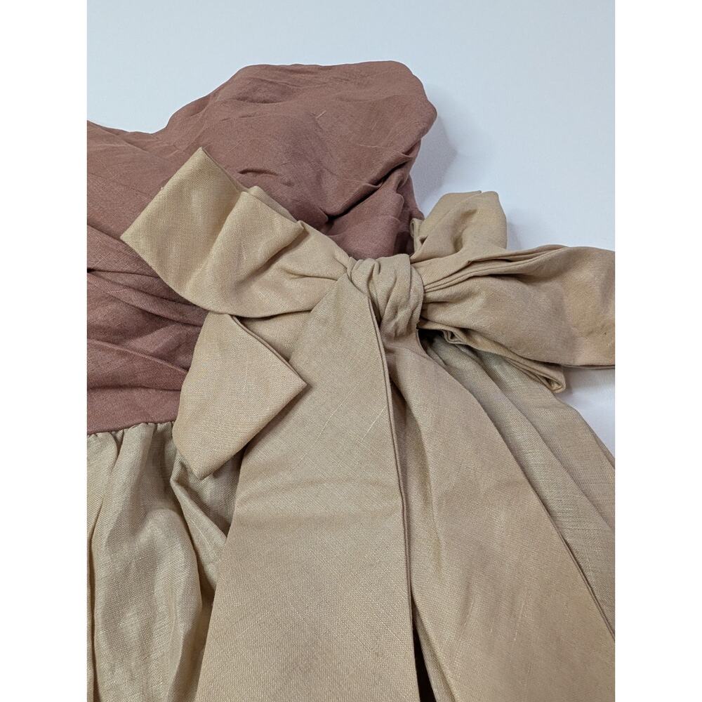 VtG Boho Strapless Dress Linen Mauve Beige Bow Waist Cottagecore See Measurement - Picture 3 of 13